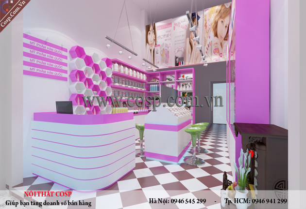 thiết kế shop mỹ phẩm gam tím sang trọng